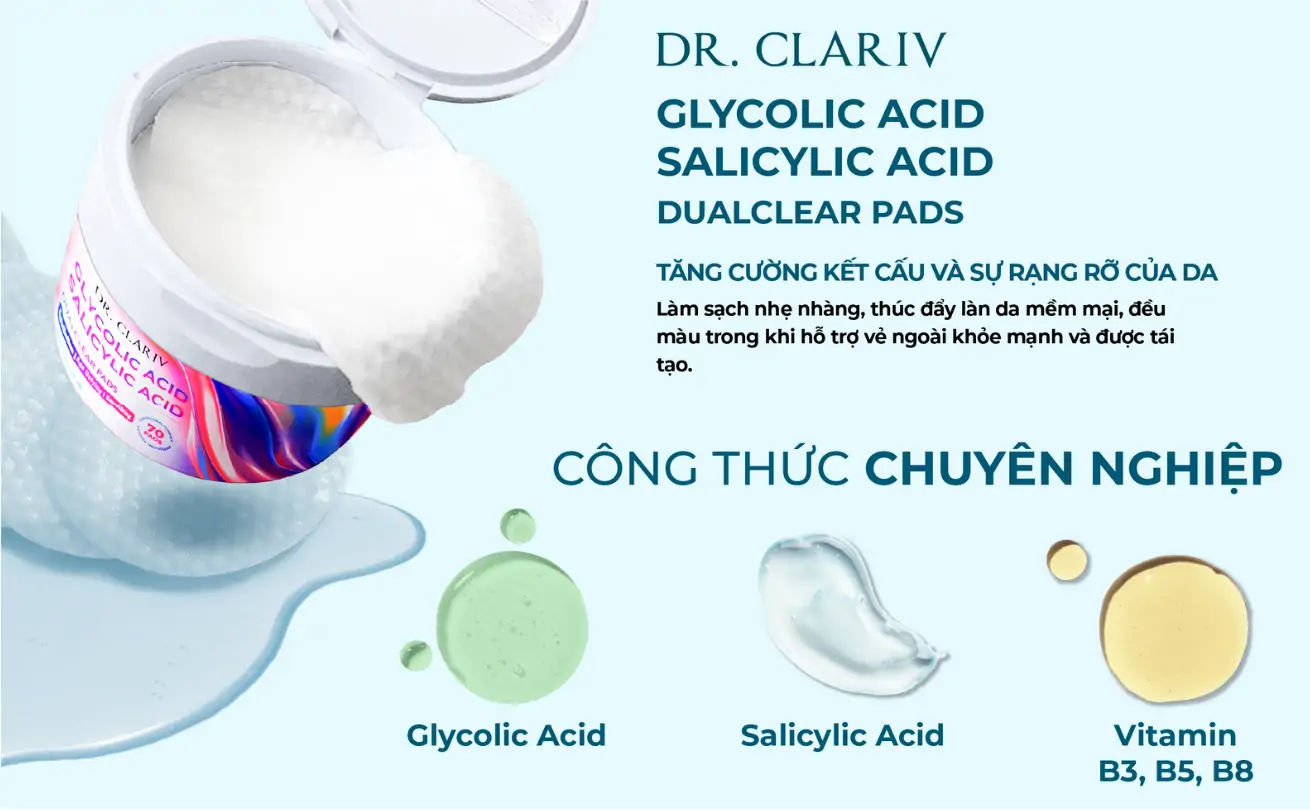 DUALCLEAR PADS – Miếng pad tẩy tế bào chết da mặt chứa Glycolic Acid, Salicylic Acid và các vitamin B3, B5, B8 Hỗ trợ cải thiện kết cấu da và thu nhỏ lỗ chân lông – Hộp 70 miếng