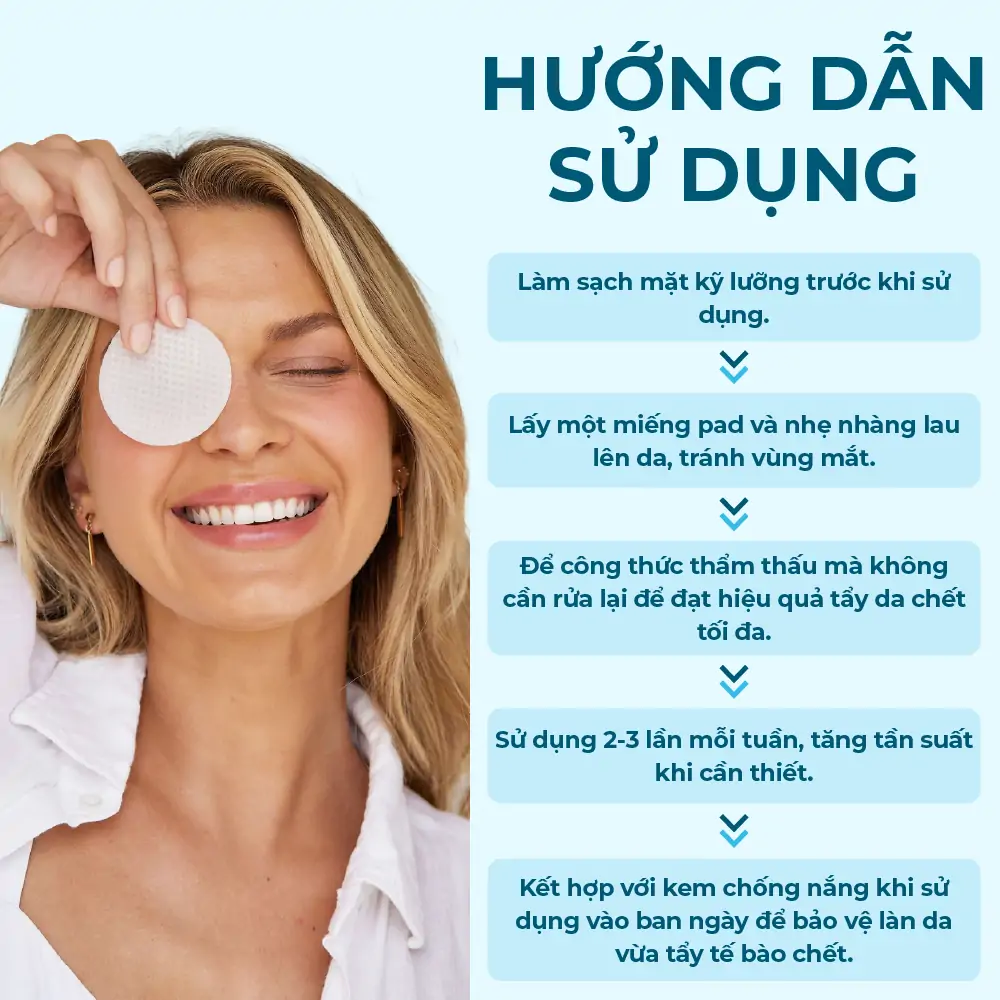 DUALCLEAR PADS – Miếng pad tẩy tế bào chết da mặt chứa Glycolic Acid, Salicylic Acid và các vitamin B3, B5, B8 Hỗ trợ cải thiện kết cấu da và thu nhỏ lỗ chân lông – Hộp 70 miếng