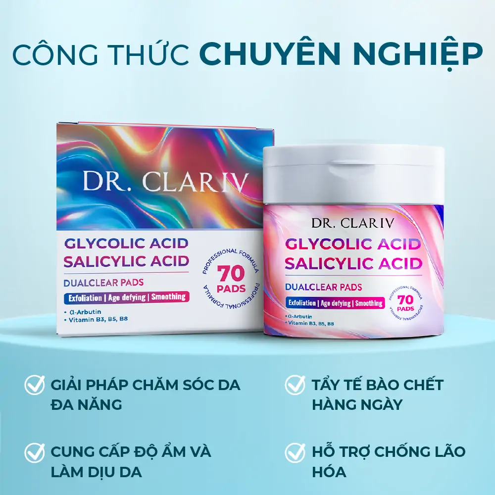 DUALCLEAR PADS – Miếng pad tẩy tế bào chết da mặt chứa Glycolic Acid, Salicylic Acid và các vitamin B3, B5, B8 Hỗ trợ cải thiện kết cấu da và thu nhỏ lỗ chân lông – Hộp 70 miếng